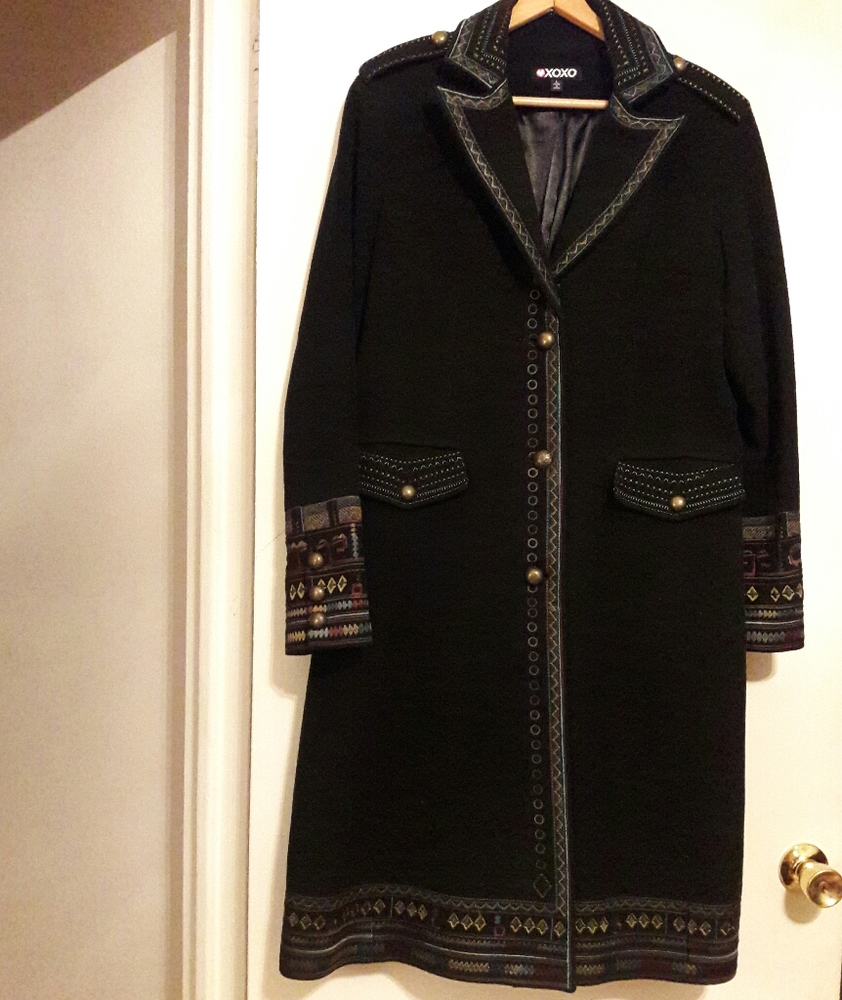 Cashmere Wool Embroidered XOXO Pea Coat Sz L